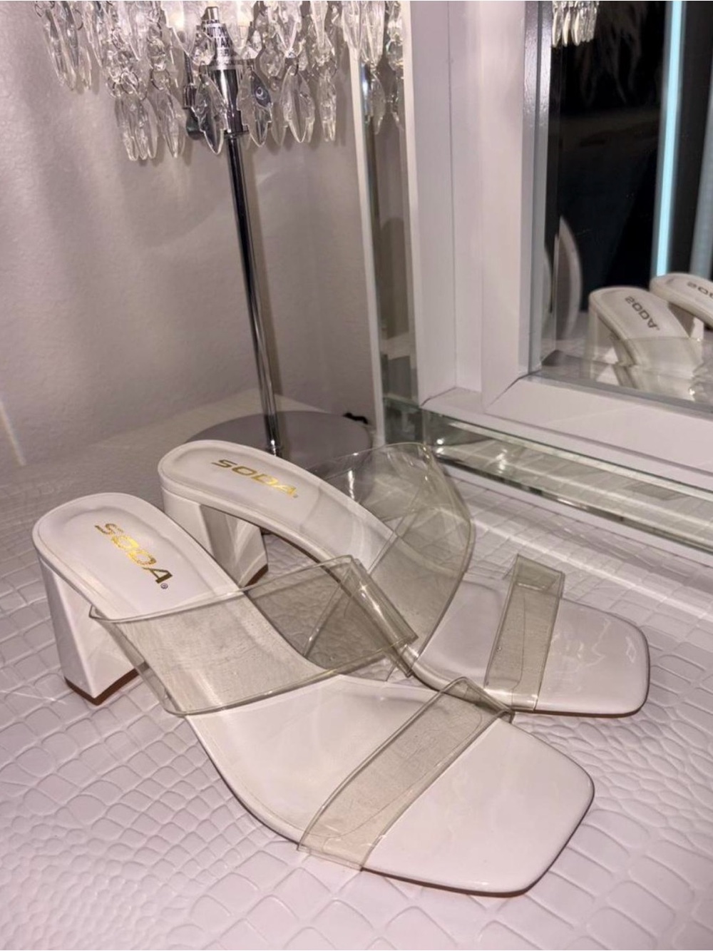 Soda White Clear-Strap Block Heel Mules